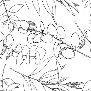 Vektör Okaliptüs daldan ayrılıyor. Siyah beyaz işlemeli mürekkep sanatı. Kusursuz arkaplan deseni.