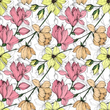 Vektör Magnolia çiçek botanik çiçekleri. Siyah beyaz işlemeli mürekkep sanatı. Kusursuz arkaplan deseni.