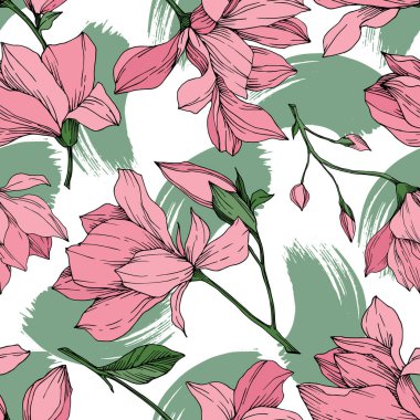 Vektör Magnolia çiçek botanik çiçekleri. Siyah beyaz işlemeli mürekkep sanatı. Kusursuz arkaplan deseni.