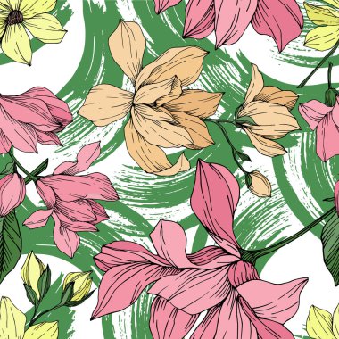 Vektör Magnolia çiçek botanik çiçekleri. Siyah beyaz işlemeli mürekkep sanatı. Kusursuz arkaplan deseni.