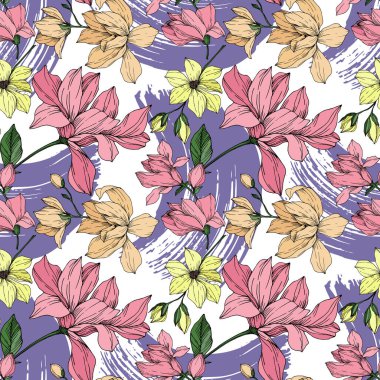 Vektör Magnolia çiçek botanik çiçekleri. Siyah beyaz işlemeli mürekkep sanatı. Kusursuz arkaplan deseni.