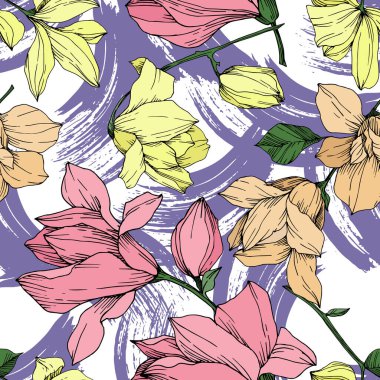 Vektör Magnolia çiçek botanik çiçekleri. Siyah beyaz işlemeli mürekkep sanatı. Kusursuz arkaplan deseni.