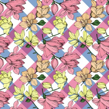 Vektör Magnolia çiçek botanik çiçekleri. Siyah beyaz işlemeli mürekkep sanatı. Kusursuz arkaplan deseni.