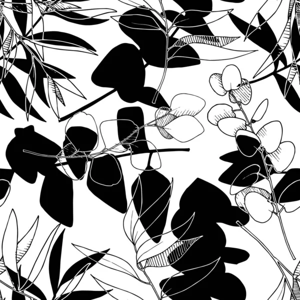 Vektor Eucalyptus opouští větev. Černobílý rytý inkoust. Bezproblémové pozadí vzor. — Stockový vektor
