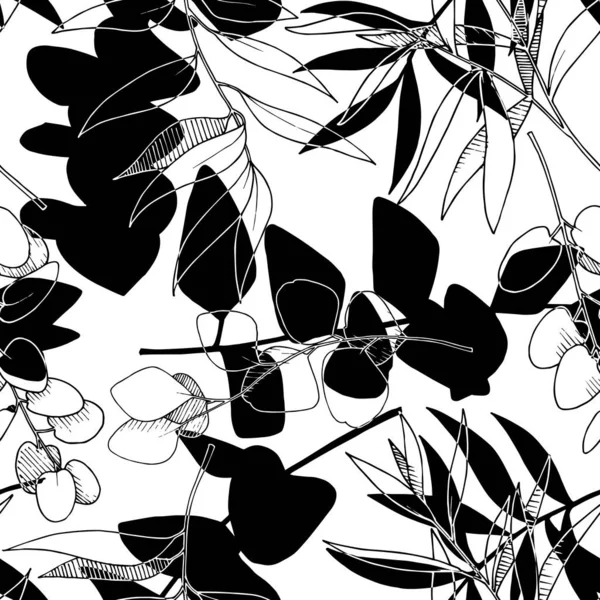 Vektör Okaliptüs daldan ayrılıyor. Siyah beyaz işlemeli mürekkep sanatı. Kusursuz arkaplan deseni.