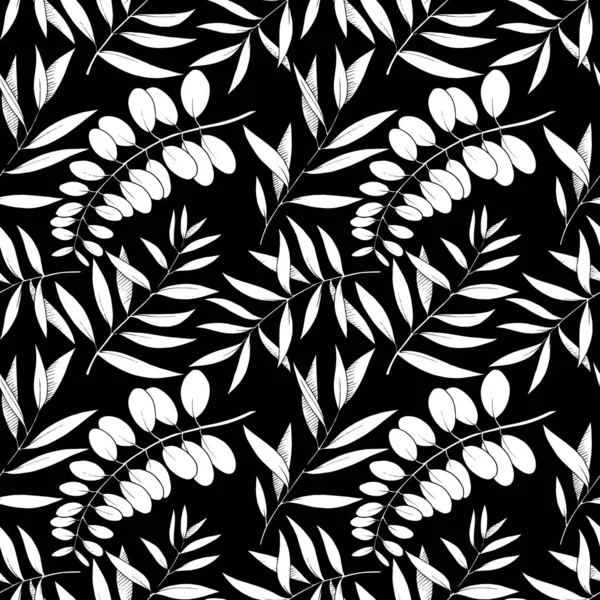 Vector Eucalyptus leaves branch. Black and white engraved ink art. Seamless background pattern. — Stock Vector