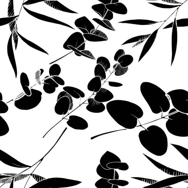 Vector Eucalyptus deja rama. Tinta grabada en blanco y negro. Patrón de fondo sin costuras . — Vector de stock