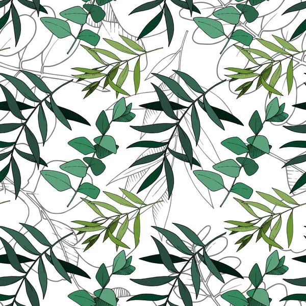 Vector Eucalyptus leaves branch. Black and white engraved ink art. Seamless background pattern.