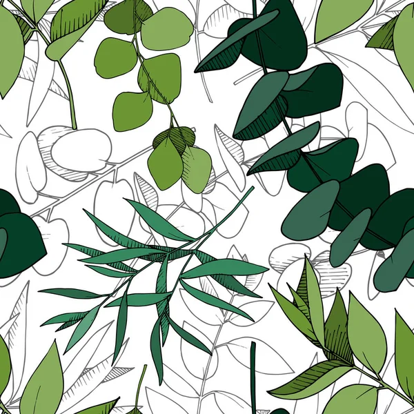 Vektör Okaliptüs daldan ayrılıyor. Siyah beyaz işlemeli mürekkep sanatı. Kusursuz arkaplan deseni.