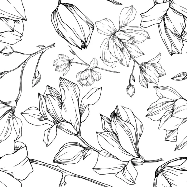 Vector Magnolia flores botânicas florais. Tinta gravada a preto e branco. Padrão de fundo sem costura . —  Vetores de Stock