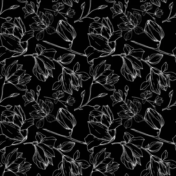 Vector Magnolia flores botânicas florais. Tinta gravada a preto e branco. Padrão de fundo sem costura . — Vetor de Stock