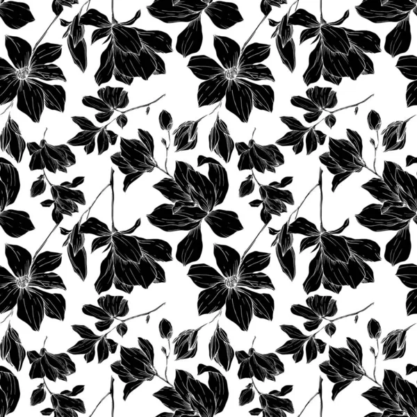 Vector Magnolia floral botanical flowers. Black and white engraved ink art. Seamless background pattern. — ストックベクタ