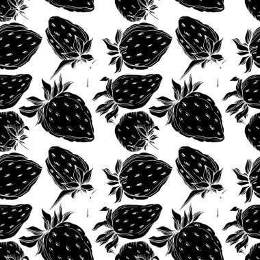 Vektör çilek taze böğürtlen sağlıklı yiyecek. Siyah beyaz işlemeli mürekkep sanatı. Kusursuz arkaplan deseni.