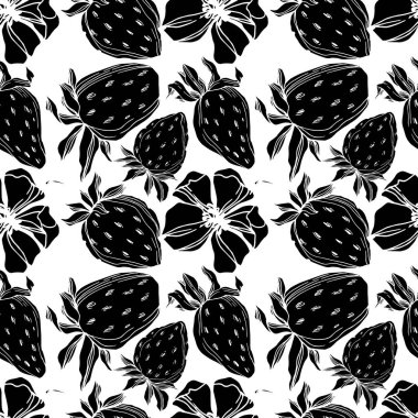 Vektör çilek taze böğürtlen sağlıklı yiyecek. Siyah beyaz işlemeli mürekkep sanatı. Kusursuz arkaplan deseni.