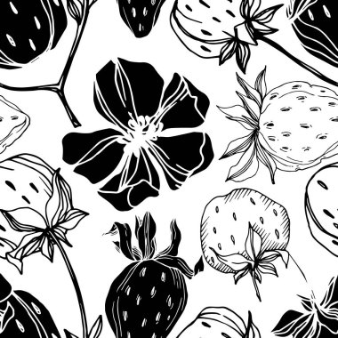 Vektör çilek taze böğürtlen sağlıklı yiyecek. Siyah beyaz işlemeli mürekkep sanatı. Kusursuz arkaplan deseni.