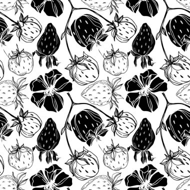 Vektör çilek taze böğürtlen sağlıklı yiyecek. Siyah beyaz işlemeli mürekkep sanatı. Kusursuz arkaplan deseni.