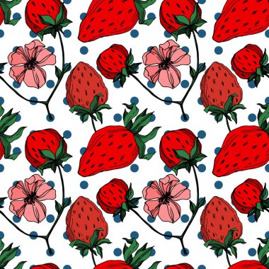 Vektör çilek taze böğürtlen sağlıklı yiyecek. Siyah beyaz işlemeli mürekkep sanatı. Kusursuz arkaplan deseni.