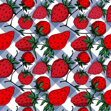 Vektör çilek taze böğürtlen sağlıklı yiyecek. Siyah beyaz işlemeli mürekkep sanatı. Kusursuz arkaplan deseni.