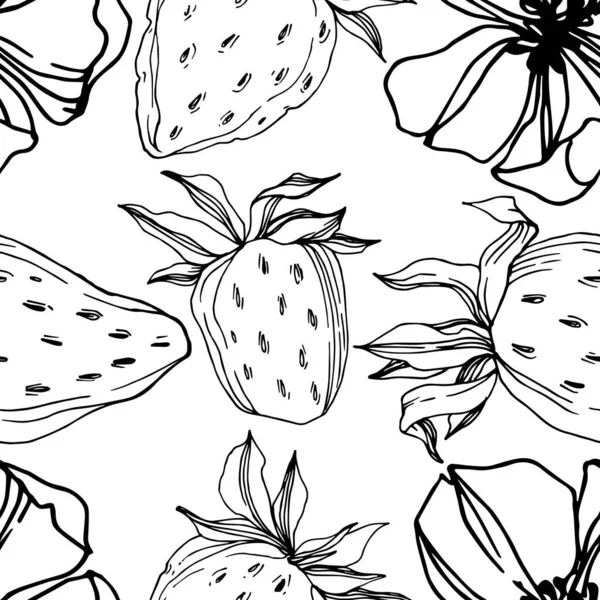 Vektör çilek taze böğürtlen sağlıklı yiyecek. Siyah beyaz işlemeli mürekkep sanatı. Kusursuz arkaplan deseni.