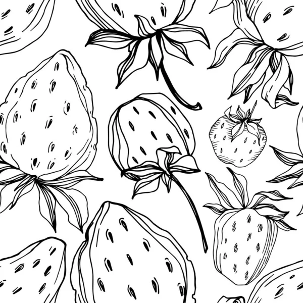Vector fresa fresca bayas alimentos saludables. Tinta grabada en blanco y negro. Patrón de fondo sin costuras . — Vector de stock