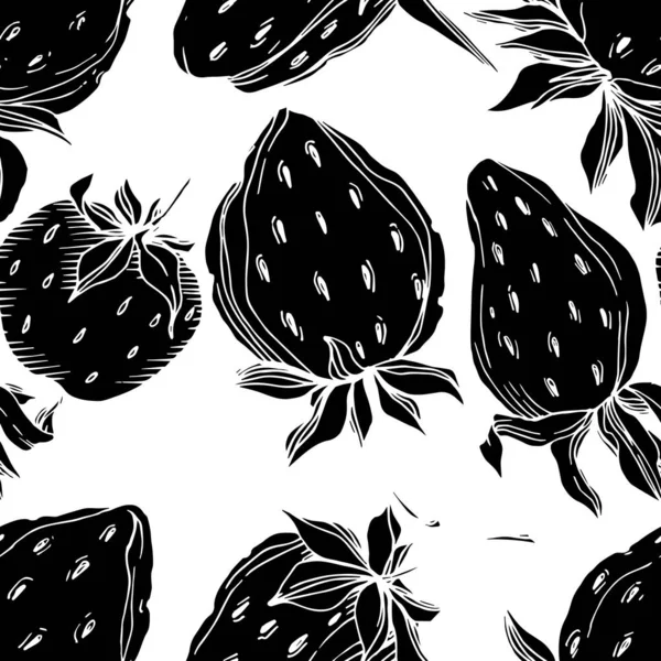 Vector strawberry fresh berry healthy food. Black and white engraved ink art. Seamless background pattern. — Stock Vector