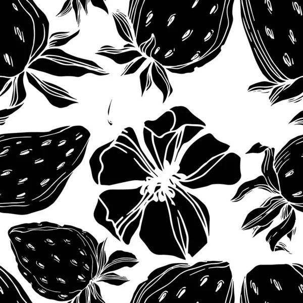 Vector fresa fresca bayas alimentos saludables. Tinta grabada en blanco y negro. Patrón de fondo sin costuras . — Vector de stock