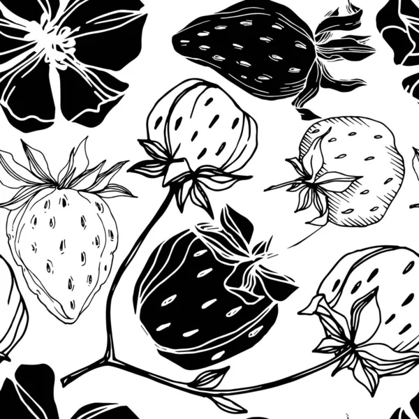 Vecteur fraise fraîche baie aliments sains. Encre gravée en noir et blanc. Modèle de fond sans couture . — Image vectorielle