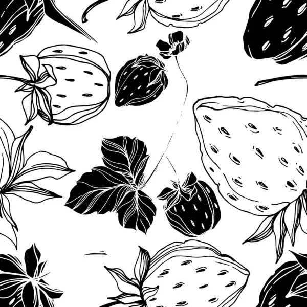 Διάνυσμα φράουλας φρέσκο μούρο υγιεινό φαγητό. Μαύρο και άσπρο χαραγμένο μελάνι τέχνης. Χωρίς ραφή μοτίβο φόντου. — Διανυσματικό Αρχείο