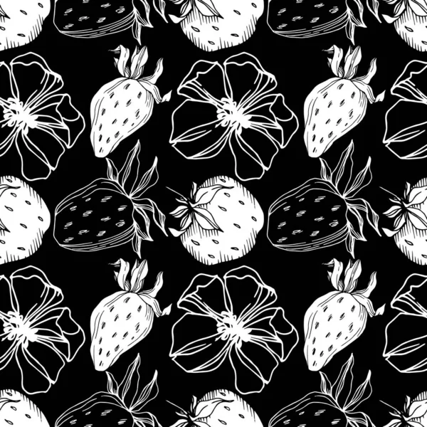 Vektor Erdbeere frische Beeren gesunde Nahrung. Schwarz-weiß gestochene Tuschekunst. nahtloses Hintergrundmuster. — Stockvektor