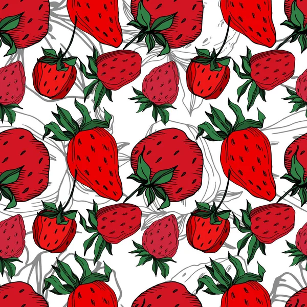 Vector strawberry fresh berry healthy food. Black and white engraved ink art. Seamless background pattern. — ストックベクタ