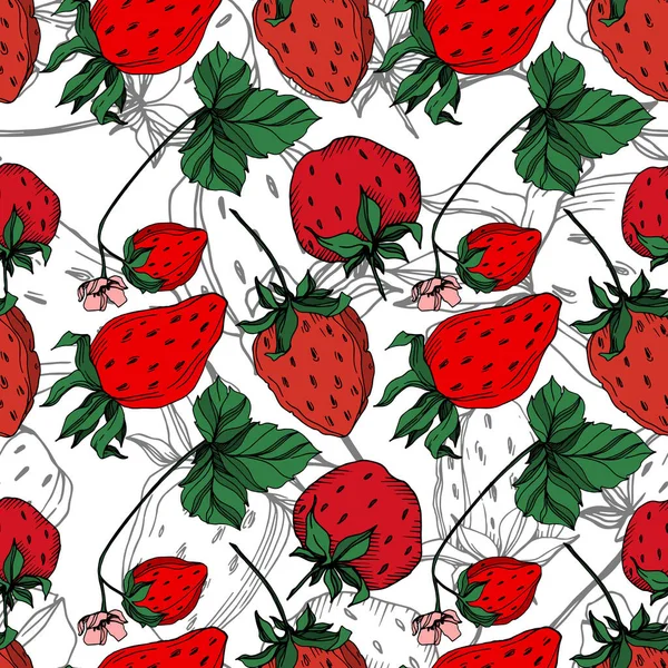 Vector strawberry fresh berry healthy food. Black and white engraved ink art. Seamless background pattern. — ストックベクタ