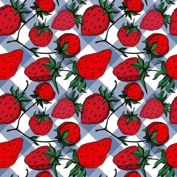 Vector strawberry fresh berry healthy food. Black and white engraved ink art. Seamless background pattern. — Stock Vector