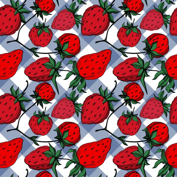 Vector strawberry fresh berry healthy food. Black and white engraved ink art. Seamless background pattern. — ストックベクタ