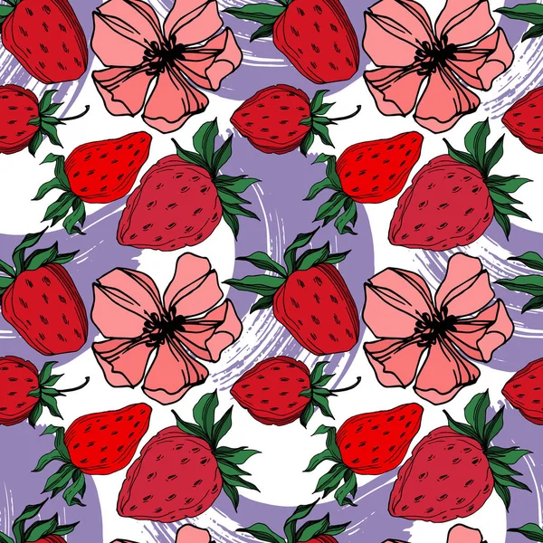 Vector strawberry fresh berry healthy food. Black and white engraved ink art. Seamless background pattern. — ストックベクタ