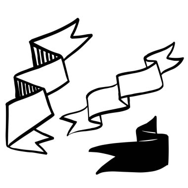 Vektör kurdeleleri ayarlandı. Siyah beyaz işlemeli mürekkep sanatı. İzole edilmiş kurdele illüstrasyon ögesi.