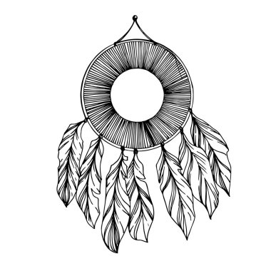 Vector Fether Düş Yakalayıcısı. Siyah beyaz işlemeli mürekkep sanatı. İzole edilmiş rüya yakalayıcı illüstrasyon ögesi.