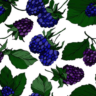 Böğürtlen sağlıklı yemek. Siyah beyaz işlemeli mürekkep sanatı. Kusursuz bir arka plan modeli. Kumaş duvar kağıdı baskı dokusu.