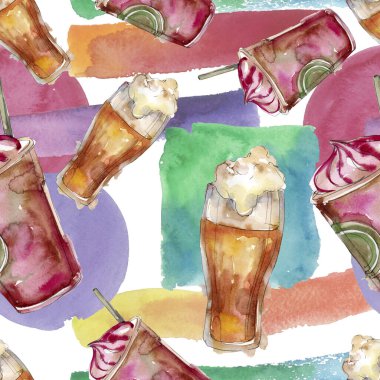 Alkollü bar parti kokteyl içeceği. Suluboya arka plan izole illüstrasyon seti. Kesintisiz arka plan deseni.