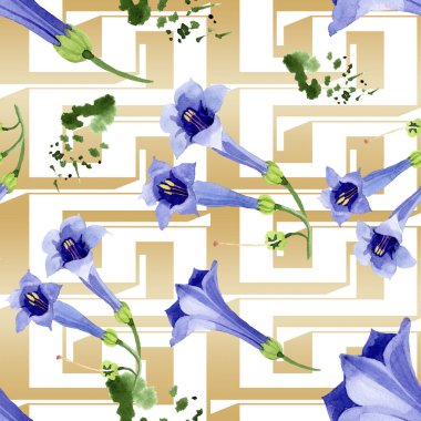 Mavi brugmansia çiçek botanik çiçekleri. Suluboya arka plan illüstrasyon seti. Kesintisiz arka plan deseni.