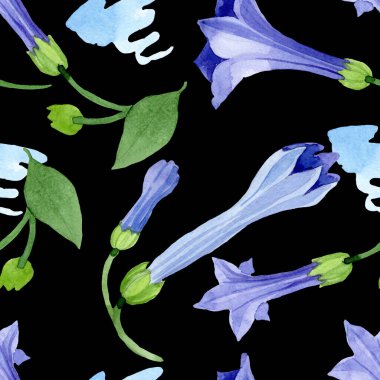 Mavi brugmansia çiçek botanik çiçekleri. Suluboya arka plan illüstrasyon seti. Kesintisiz arka plan deseni.