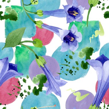 Mavi brugmansia çiçek botanik çiçekleri. Suluboya arka plan illüstrasyon seti. Kesintisiz arka plan deseni.