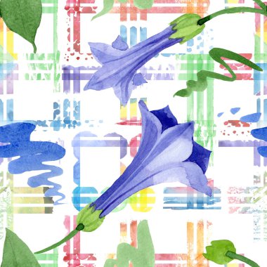 Mavi brugmansia çiçek botanik çiçekleri. Suluboya arka plan illüstrasyon seti. Kesintisiz arka plan deseni.