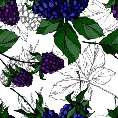 Böğürtlen sağlıklı yemek. Siyah beyaz işlemeli mürekkep sanatı. Kusursuz bir arka plan modeli. Kumaş duvar kağıdı baskı dokusu.