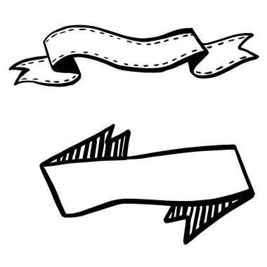 Vektör kurdeleleri ayarlandı. Siyah beyaz işlemeli mürekkep sanatı. İzole edilmiş kurdele illüstrasyon ögesi.