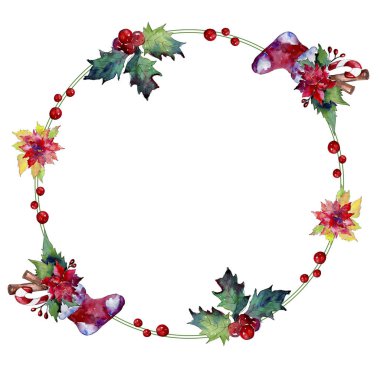 Noel kış tatili sembolü izole. Suluboya arka plan illüstrasyon seti. Çerçeve kenarlık süs karesi.