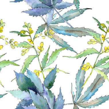 Kenevir yeşili yapraklar. Suluboya arkaplan çizimi. Kusursuz arkaplan deseni.