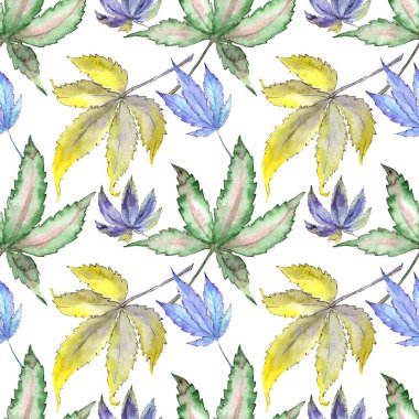 Kenevir yeşili yapraklar. Suluboya arkaplan çizimi. Kusursuz arkaplan deseni.