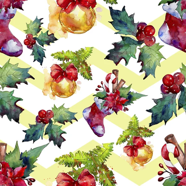 Christmas winter holiday symbol isolated. Watercolor illustration set. Seamless background pattern. — Stock Photo, Image