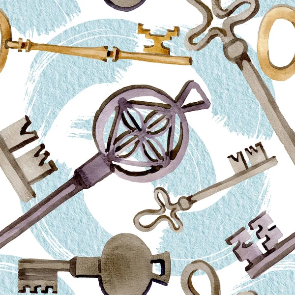 Isolated old key illustration element. Watercolor background illustration set. Seamless background pattern. — ストック写真