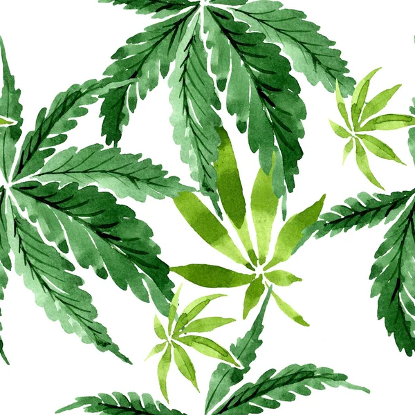 Foglie verdi di cannabis. Acquerello sfondo illustrazione set. Modello di sfondo senza soluzione di continuità . — Foto Stock